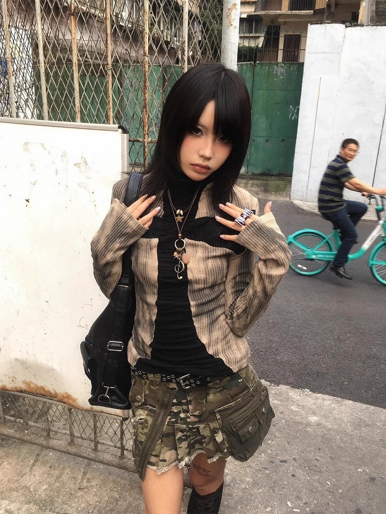 Y2K Punk Design Autumn Cross Top Winter for Khaki Knit
