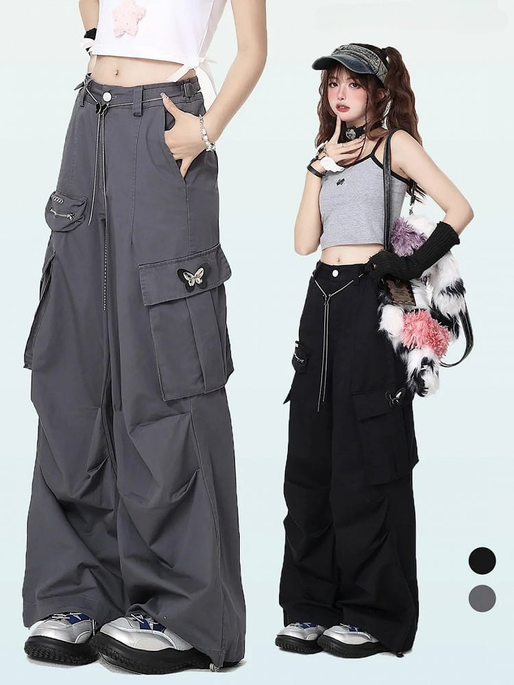 Ketten-Cargohose mit Hosenbund Techwear Grau Schmetterling Weites Bein