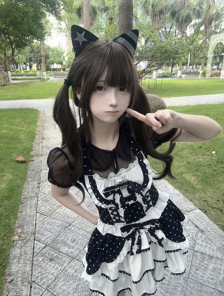 Black and White Polka Dot Elegant Halter Neck Dress / Black Peter Pan Collar Semi-Sheer Tulle Blouse