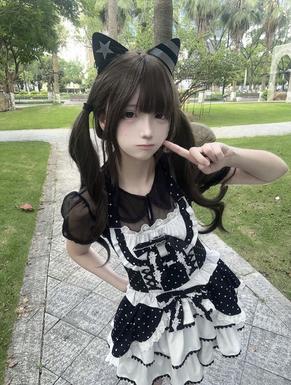 Black and White Polka Dot Elegant Halter Neck Dress / Black Peter Pan Collar Semi-Sheer Tulle Blouse