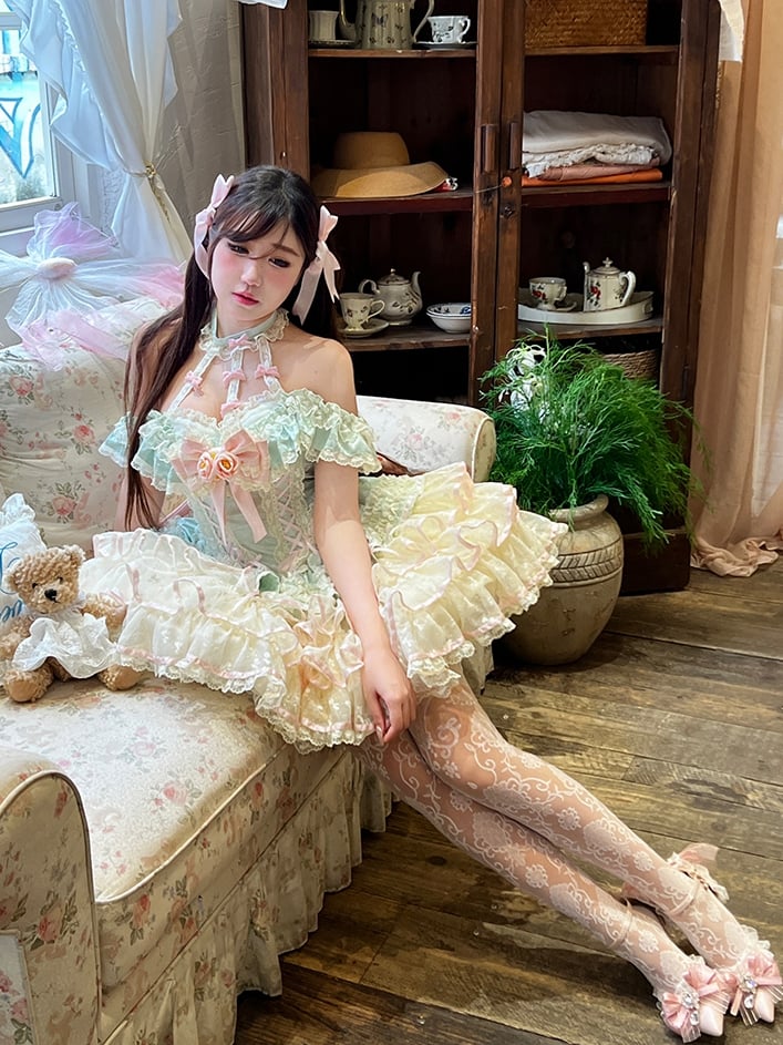 Stufenrock Neckholder Kei Fee Rüschen Hals Korsett Spitze Prinzessin Kleid Taille Mintgrün