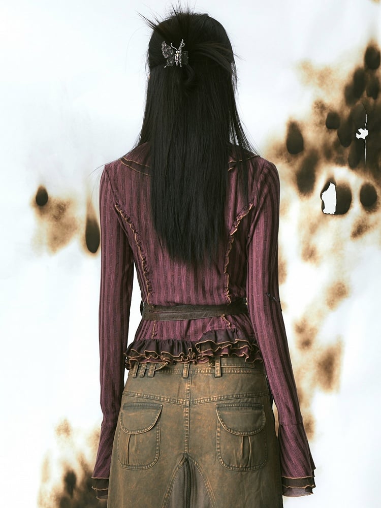 PU Purple-Red with Cardigan Adjustable Knit Ruffles Belt Tulle