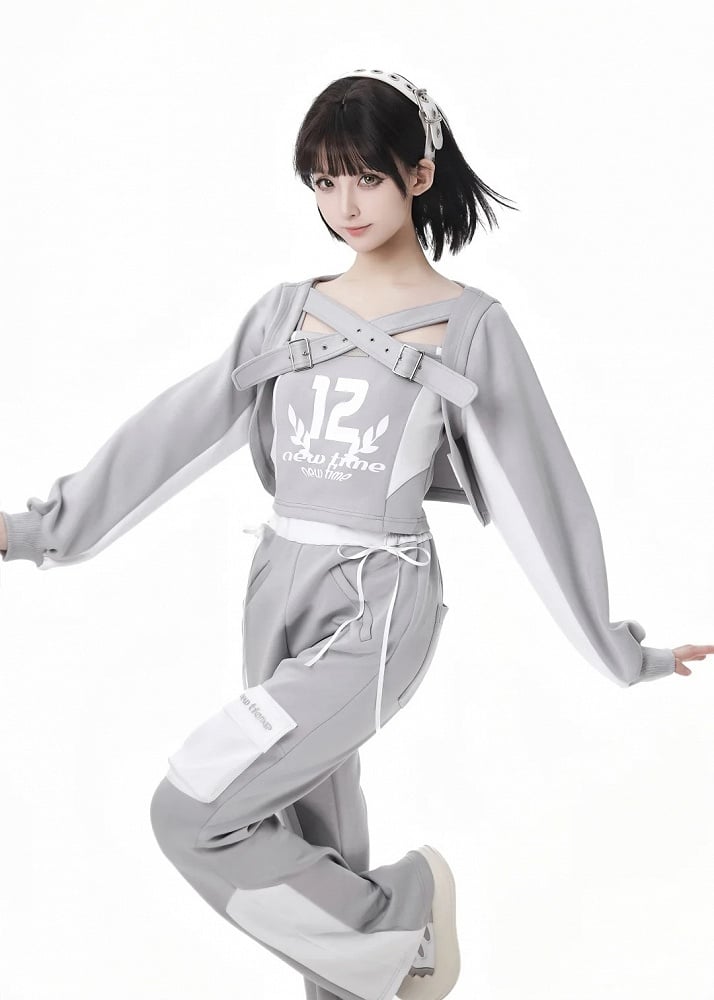 Graues Camisole-Set mit weißem Design und Colorblock-Grafik-Oberteil mit überkreuzten Schnallenträgern