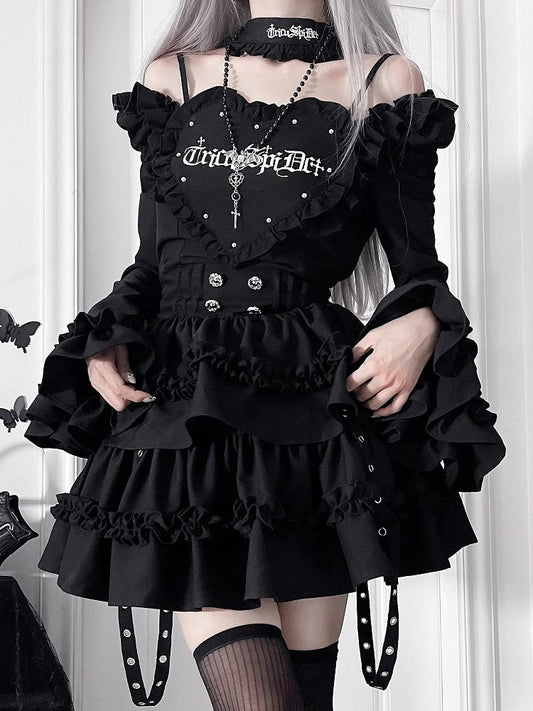 Gothic Neckline Sleeves Off-the-shoulder Dress Print Black Bell Letter