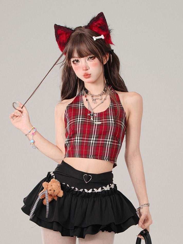 Red Plaid Halter Neck Crop Tank Top - Adorable  Slimming