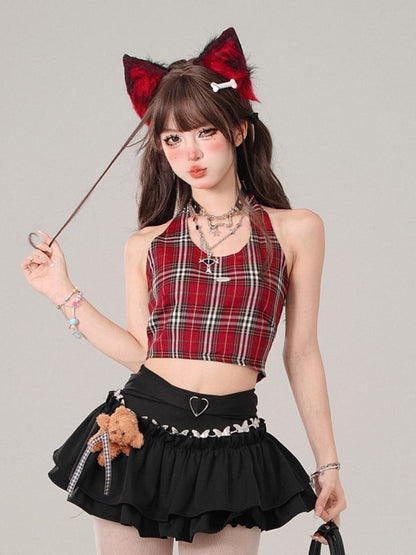 Red Plaid Halter Neck Crop Tank Top - Adorable  Slimming