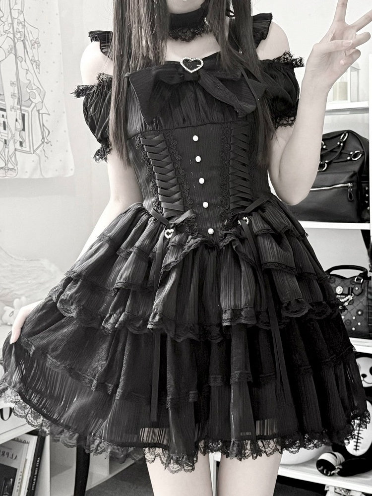 Black Off-Shoulder Lace Dress with Choker - Virtual Paradise