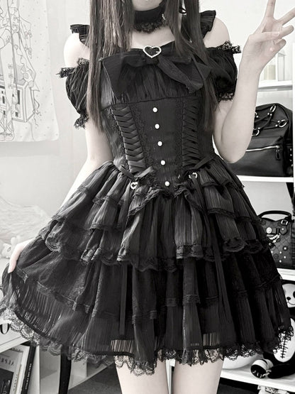 Black Off-Shoulder Lace Dress with Choker - Virtual Paradise