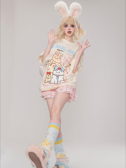 ピンク/ブラック/アプリコットバニーズルーズTシャツ