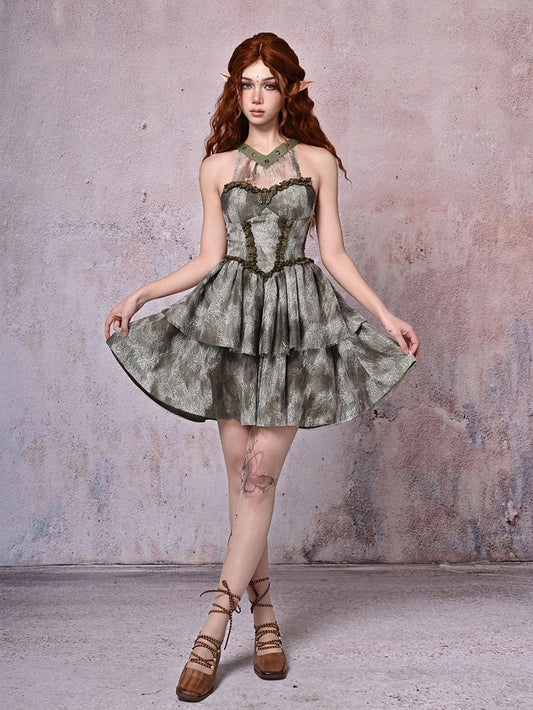 Halter Fairy Tie-dyed Forest Neck Waist Basque Dress Green Light
