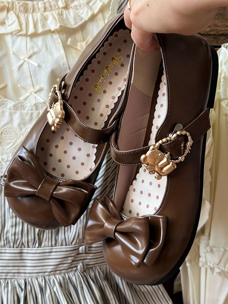 Bow Buckles Brown Hugging Top Heart Lolita Flats Sweet with Bear at