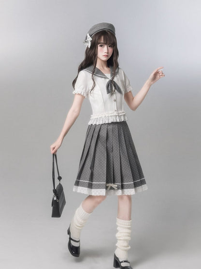 Aesthetic Dot Lace Pleated Skirt With Gray Polka Trim
