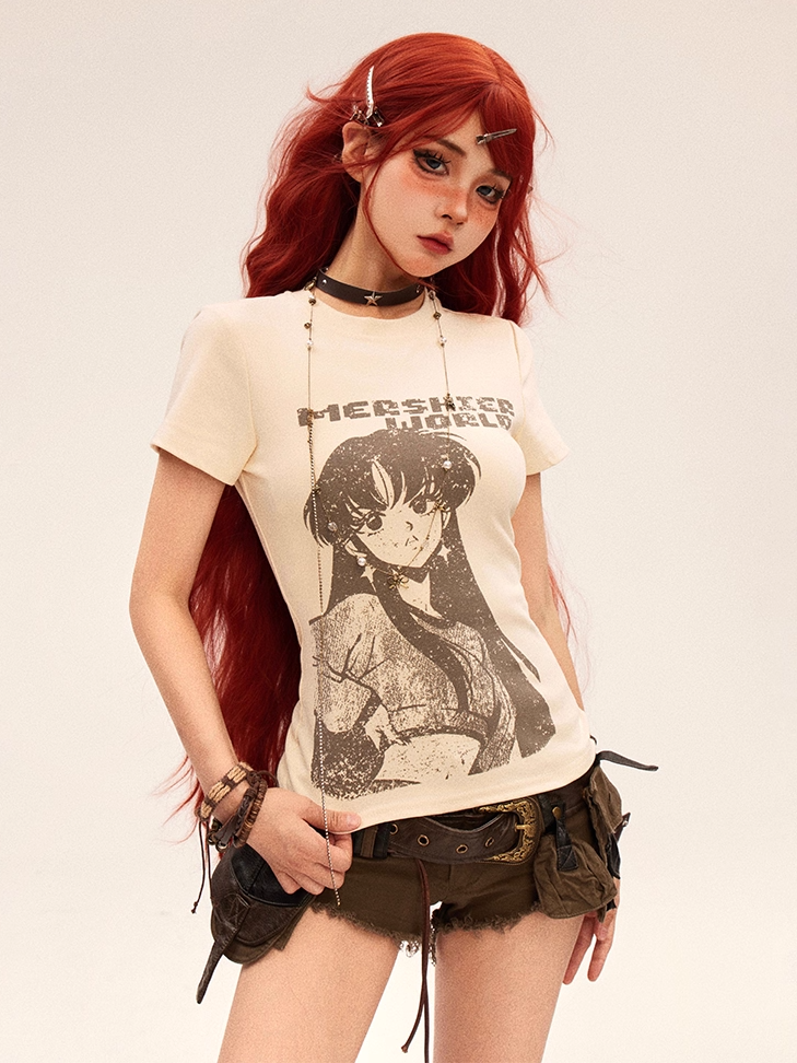 Vintage Anime Girl Print Apricot Round Neck Slim-fitting T-shirt