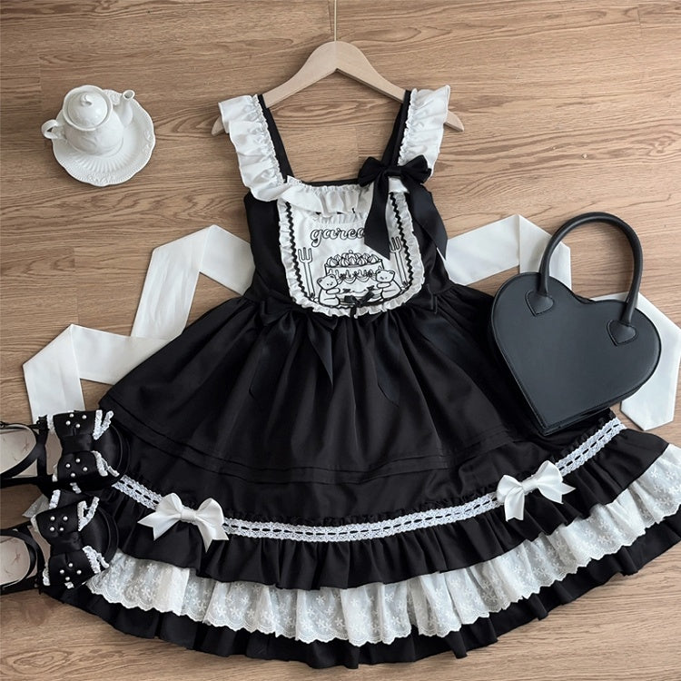 Süßes schwarzes Lolita-Kleid mit Teddy-Stickerei-Mieder