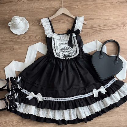 Süßes schwarzes Lolita-Kleid mit Teddy-Stickerei-Mieder