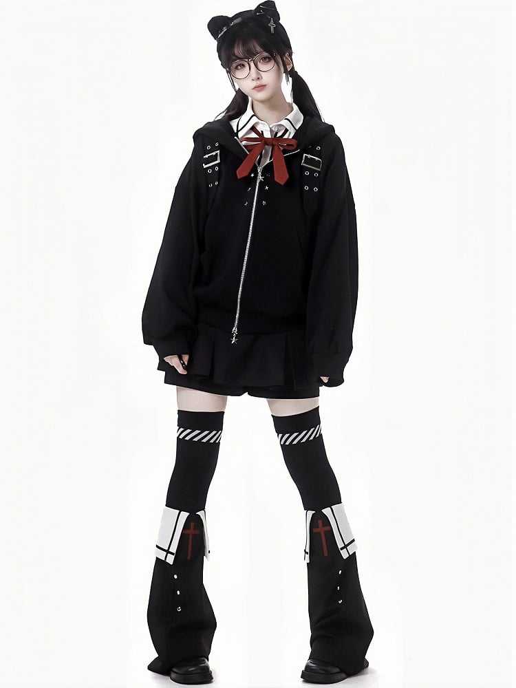 Studs Decorated Warmers Black Cross Leg