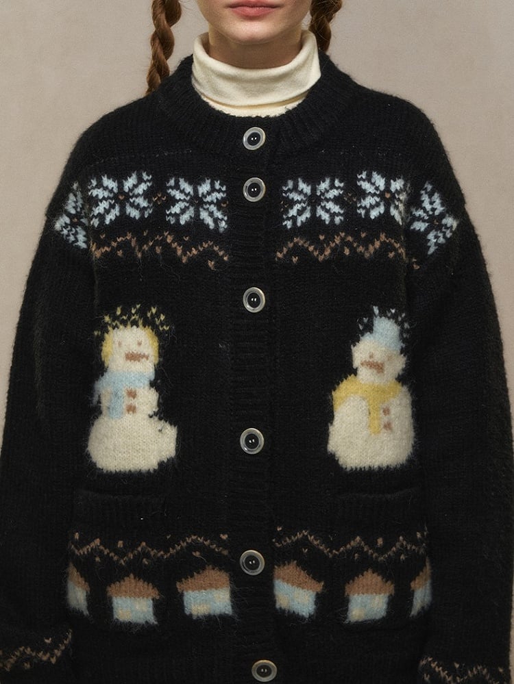 Snowman Charm Cardigan Knit Button-Front - Kawaii Yellow/Black/Pink Vintage Jacquard
