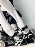 Black Lolita Low Heels with Round Toe, Beadwork, Heart Buckles - SuperPink