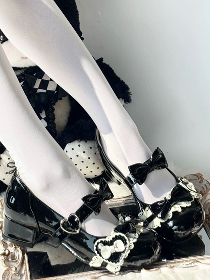 Black Lolita Low Heels with Round Toe, Beadwork, Heart Buckles - SuperPink