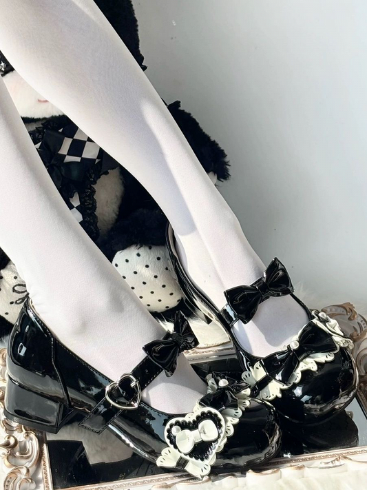 Black Lolita Low Heels with Round Toe, Beadwork, Heart Buckles - SuperPink