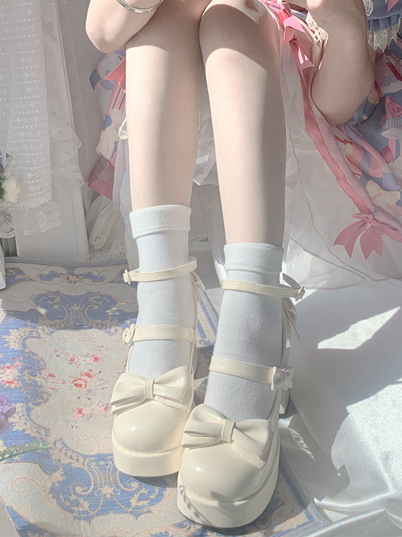 Apricot Bowknot Platform High Block Heels Lolita Shoes