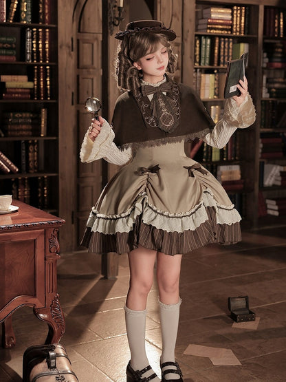 Brown Striped Faux-Layered Lolita Dress Set with Drawstring, Cape, Jabot & Mini Hat - With PUJI