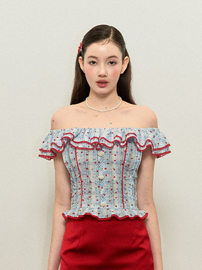 Print Red Floral Off-the-shoulder Top Blue Plaid Neckline