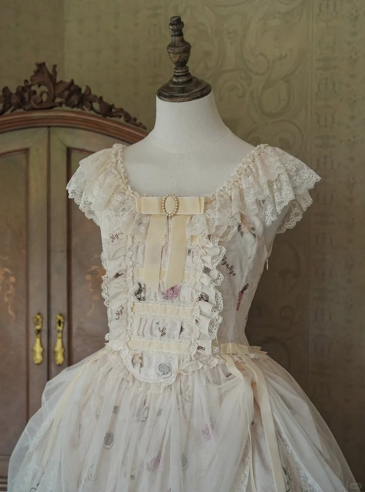 Beige Cat Print Lace Ruffles Sweet Lolita JSK Dress with Drawstring Overlay - NyaNya