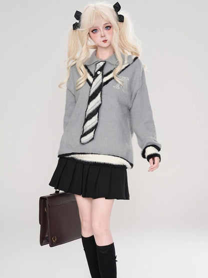 グレー/ホワイトのポロカラー プレッピースタイル セーター（ニットタイ付き）