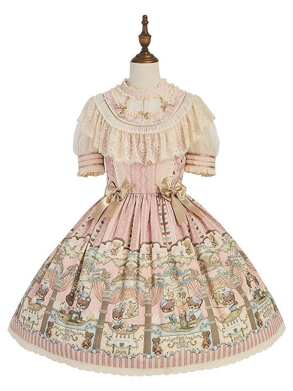 Lolita Pink with Accents Dress Printed Lace-Trimmed Bear Sweet Bow