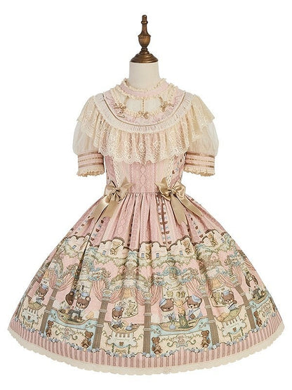 Lolita Pink with Accents Dress Printed Lace-Trimmed Bear Sweet Bow