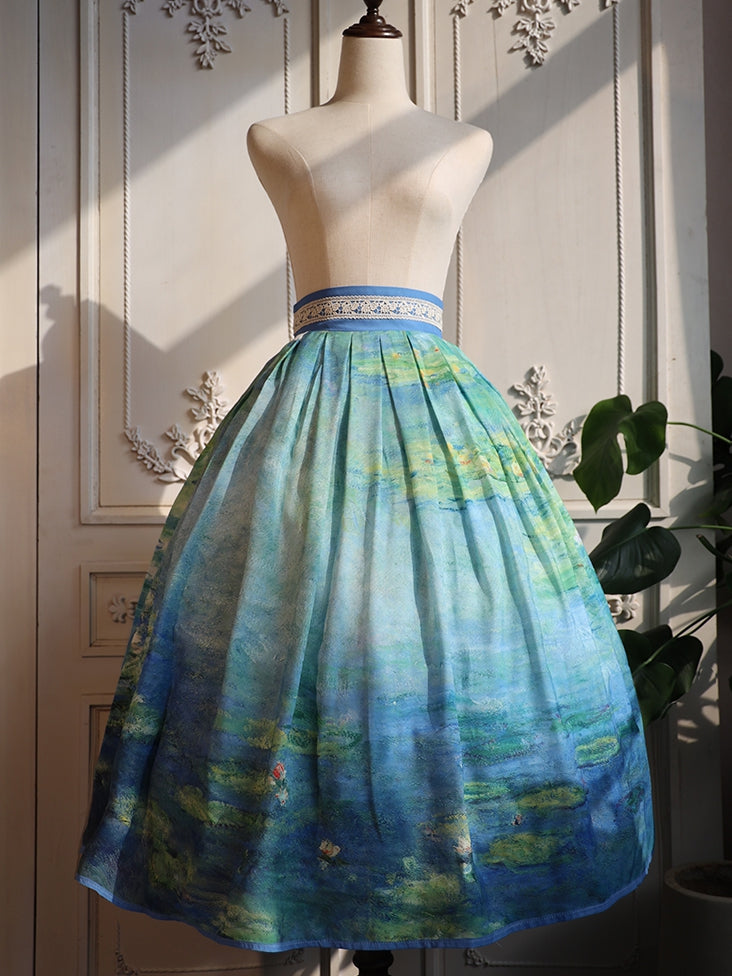 Lily Oil Painting Print Blue Green High Long/Short and Water Waist Skirt Version