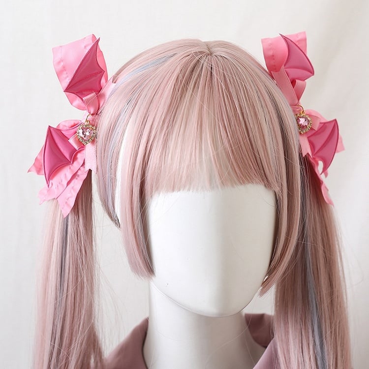 8 Colors Jirai Kei A Pair of Bowknot Hairclips With Wings and Heart - shaped Charms