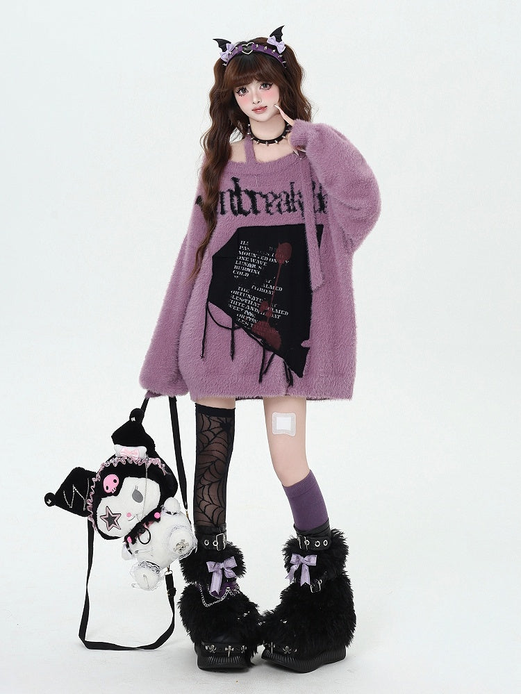 Sweater Halter Loose Letter Graphic Purple Neck Bittersweet