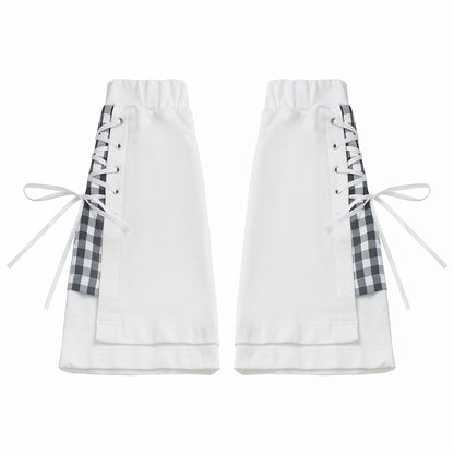 White Plaid Pattern Lace-up Details Leg Warmers