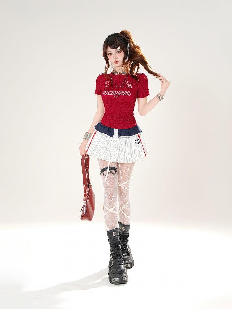 Foldover Design White Striped Bubble Skirt Self-tie