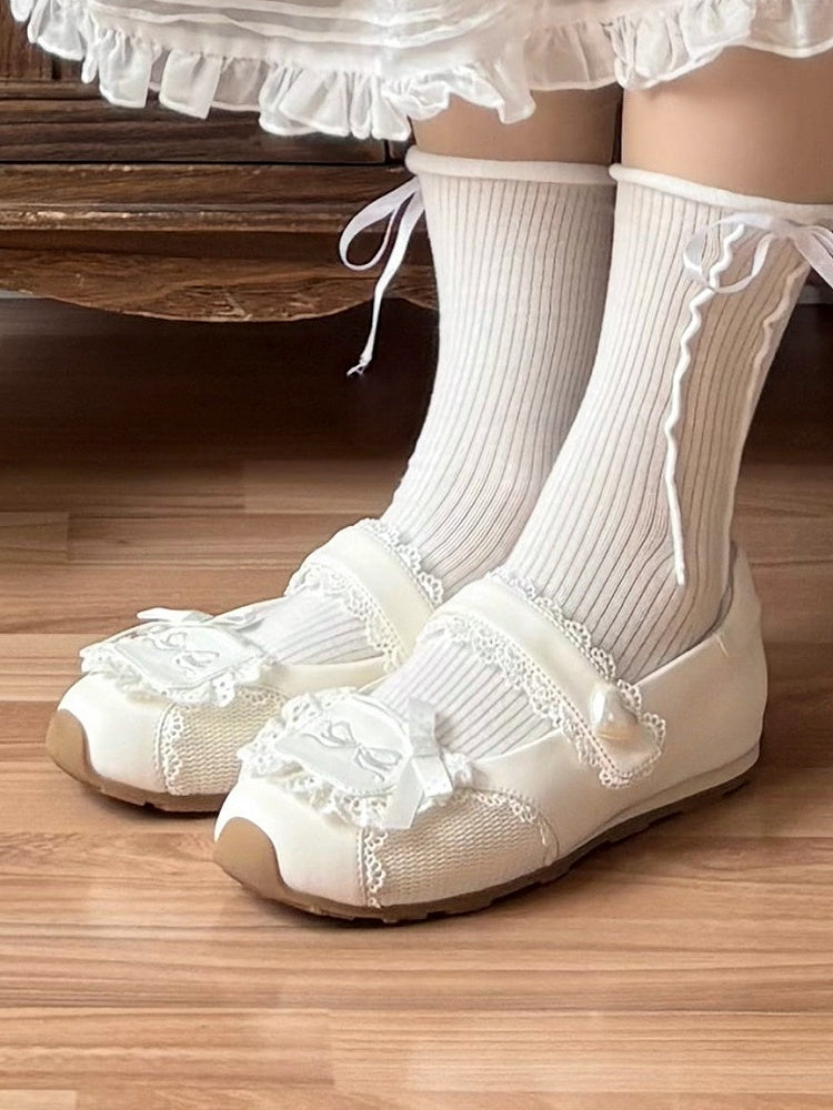Heart-Adorned Bow Velcro Trim Sweet - Details Flat Lolita Lace Straps White Shoes