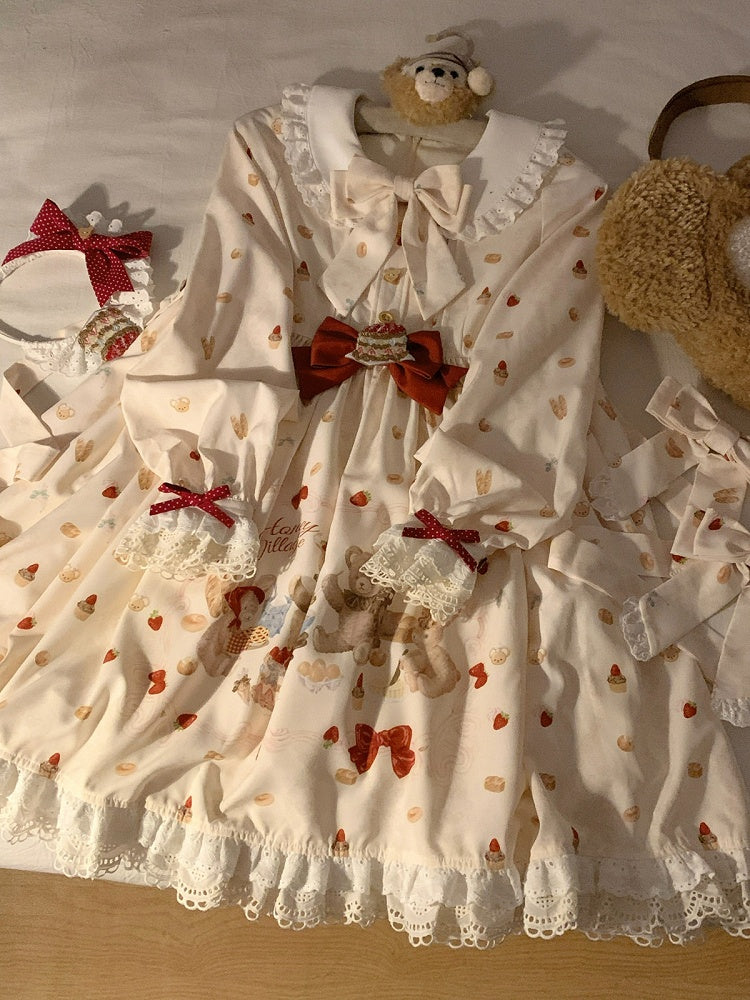 Peter Pan Collar Bear & Cake Print OP Dress with Bow - Honey Village