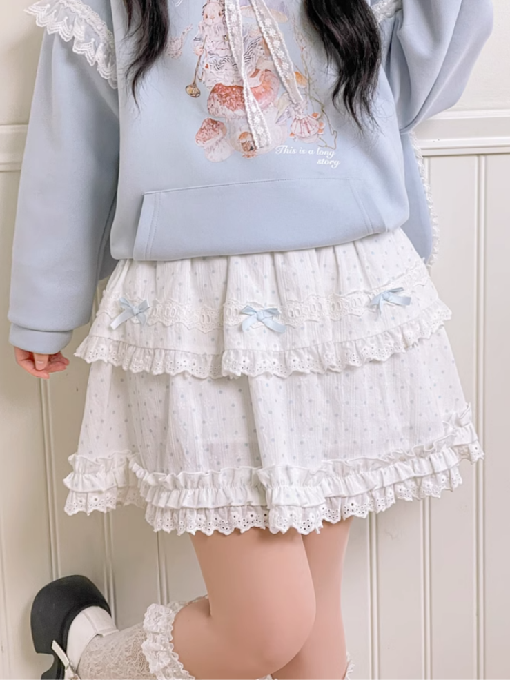 ブルー/ピンクの水玉模様の蝶結び、フリルのレーストリムのティアードスカート