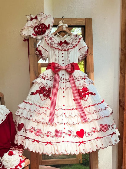 and Lolita Ruffles Applique Sweet White Dress Red Sweetheart with Bows
