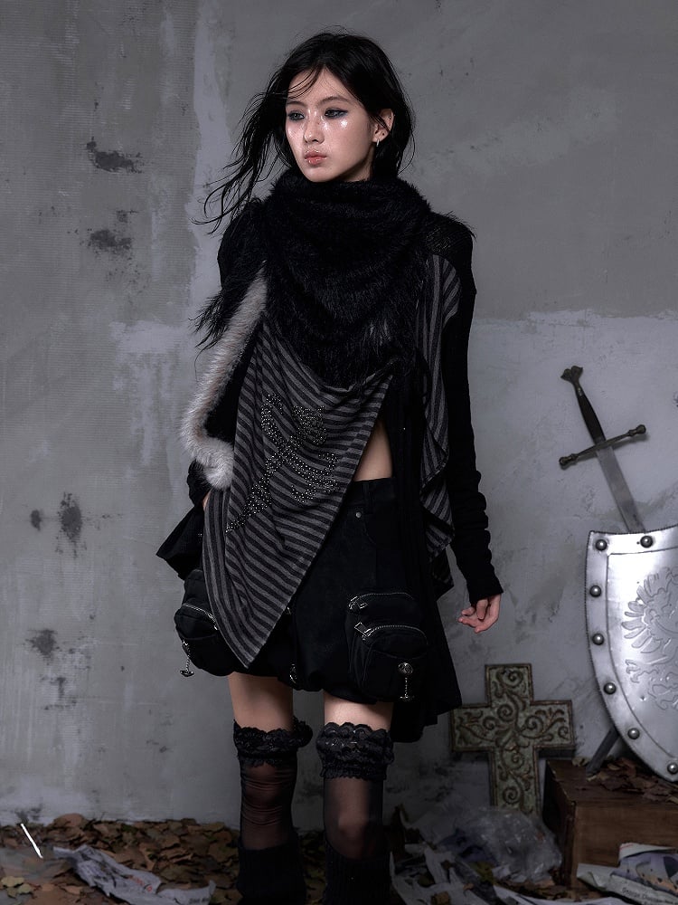 Triangle Scarf Black Vintage Y2K with Mink Faux Punk Long Fringe