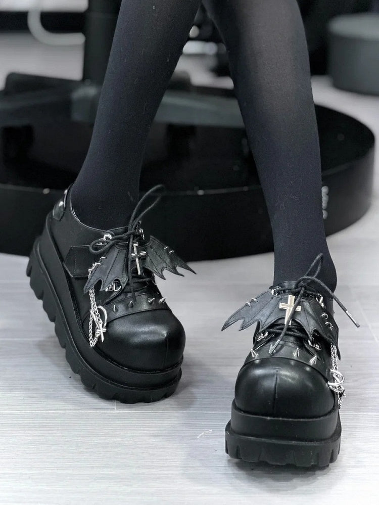 Chain Platforms Black Leather Charm PU Cross with Hybrid Detachable Embellishments Punk Stud in Fastening Matte
