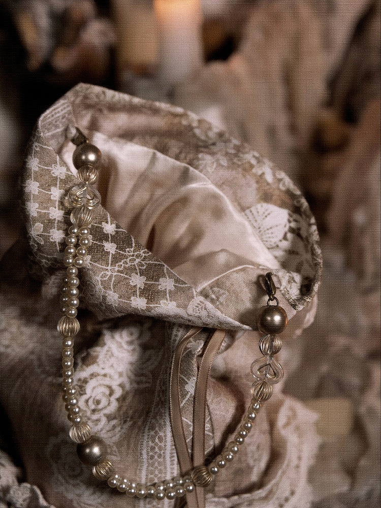 Bag with Vintage Pin Hand Drawstring and Bow Lace Top Accents Heart