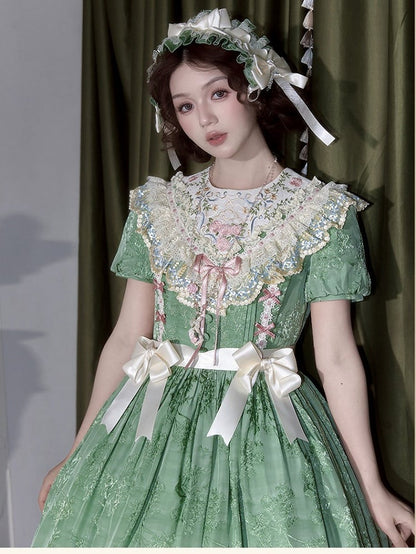 Floral Embroidered Green Lolita OP Gown with Scalloped Lace Hem