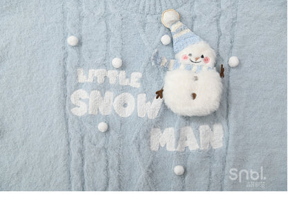 Cute Snowman Adorned Blue Mohair Soft Sweater