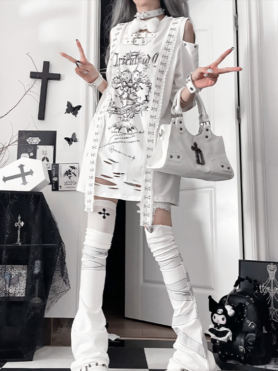 White Straps Short Trimmed Gothic Cutouts Shoulder with Sleeve Drop T-shirt Print Cross Lace Shoudler