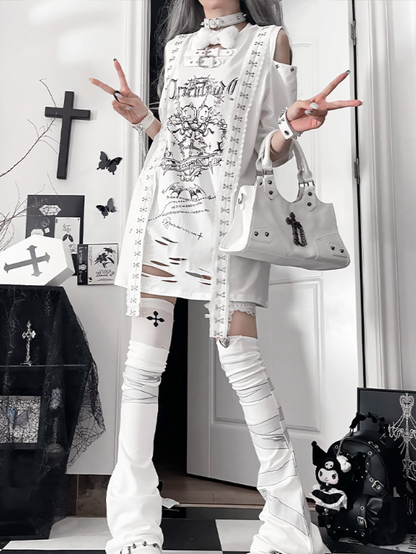 White Straps Short Trimmed Gothic Cutouts Shoulder with Sleeve Drop T-shirt Print Cross Lace Shoudler