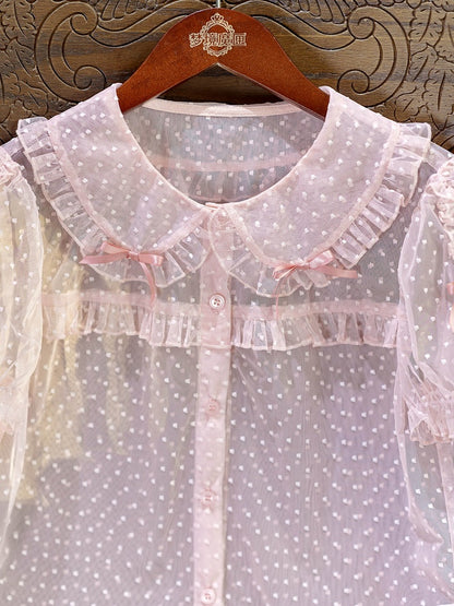 Pink Peter Pan Collar Polka Dot Sheer Tulle Blouse - Dream Magic Box