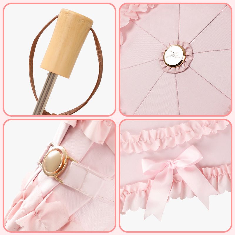 Close-up views of the wooden handle, umbrella ribs, fastening strap and pink ruffle trim