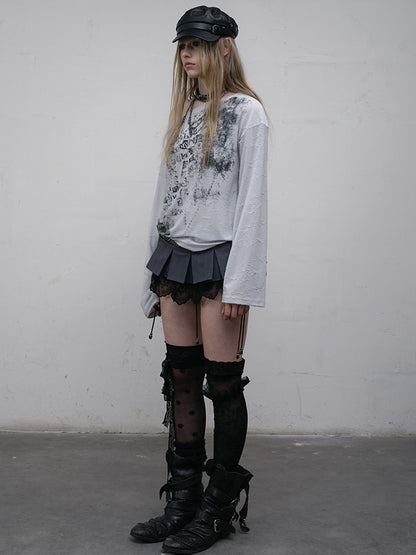 ウェイストランドパンクレターロングトップ、アシンメトリーブルー/ベージュスリーブ、ネックラインプリント